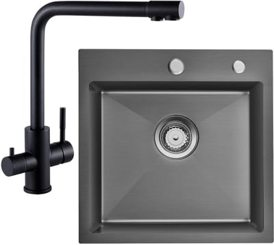 Auralum max Spoelbak voor keuken 45x45cm - Spoelbakken Keuken Antraciet - Spoelbak Keuken Met 3 Wege Keukenkraan - Wasbak met waterafvoersysteem - RVS