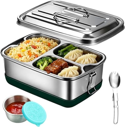 Lunchbox van roestvrij staal, 2000 ml roestvrijstalen lunchbox met vakken, lunchbox van roestvrij staal met opvouwbare lepel en kleine roestvrijstalen kruidenhouders, BPA-vrij, voor school
