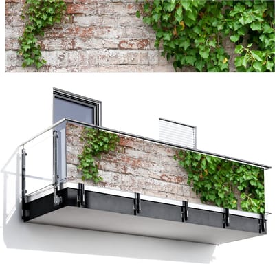 Balkonscherm 300x80 cm - Balkonposter Klimop - Groen - Stenen - Wit - Bladeren - Balkon scherm decoratie - Balkonschermen - Balkondoek zonnescherm