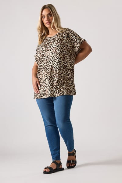 Yours Bruine Luipaard Top Met Afhangende Schouders Size 48