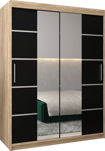 InspireMe - Kledingkast met 2 schuifdeuren, Modern-stijl, Kledingkast met planken (BxHxD): 150x200x62 - VENTILA IV 150 Sonoma Eik + Zwart Mat