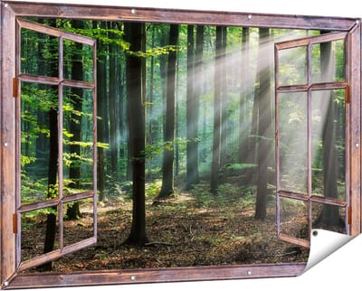 Gards Tuinposter Doorkijk Bos met Zon tussen de Bomen - 150x100 cm - Tuindoek - Tuindecoratie - Wanddecoratie buiten - Tuinschilderij