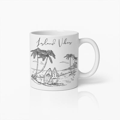 Island Vibes Mok met Surfplank en Palmbomen – Tropisch Strand Ontwerp Koffiebeker – Perfect Cadeau voor Strandliefhebbers