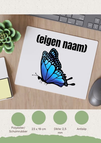 Akyol - blauwe vlinder met eigen naam Muismat - Vlinder - dieren liefhebber - iemand die houdt van vlinders - verjaardag - cadeau - kado - geschenk - 23 bij 19 cm