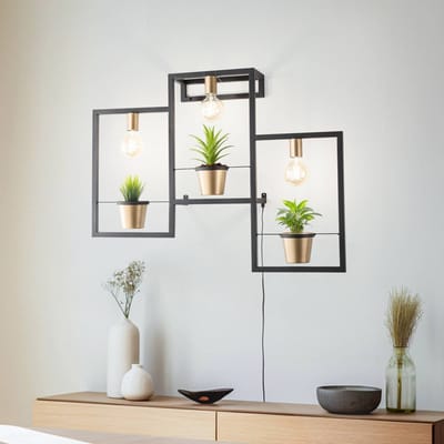 Luminex Flores wandlamp, 3-lamps, zwart/goud, met stekker