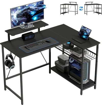 L-vormig gaming bureau - Omkeerbaar hoekmodel met monitorstandaard - Verstelbare opbergruimte - 114,5x82x91,5 cm - Zwart