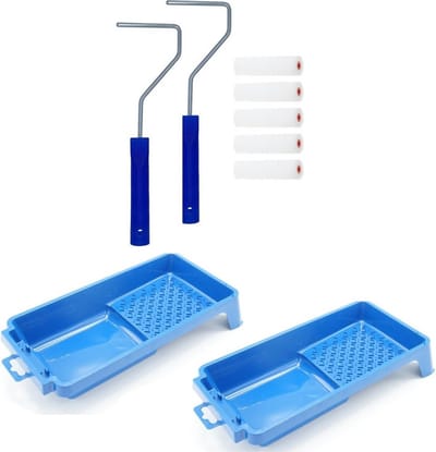 5x verfrollers / schuimrollers fijn incl 2x rollerbeugel en 2 verfbakjes - 10 cm - geschikt voor diverse soorten verf - schilderbenodigdheden