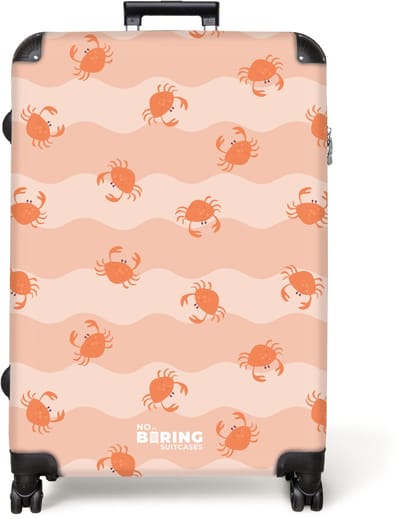 NoBoringSuitcases.com® - Koffer groot - Reiskoffer lichtgewicht - Oranje krabben op golvende achtergrond - Rolkoffer met 4 wielen - Grote trolley XL - 98 liter bagage