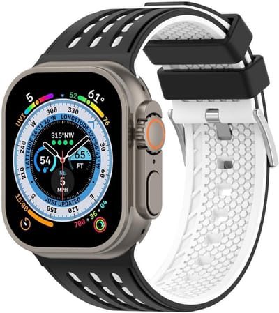 Siliconen bandje - geschikt voor Apple Watch series 1/2/3/4/5/6/7/8/9/10/11/ SE (1,2,3) / Ultra (1,2,3) met maat 44 mm / 45 mm / 46 mm / 49 mm - rvs gespsluiting - zwart wit