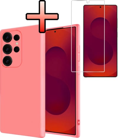 Hoesje - Met Screenprotector - Geschikt voor Samsung Galaxy S25 Ultra - Sterk & Shockproof - Back Cover - Siliconen Case - Telefoon Hoes - Licht Roze
