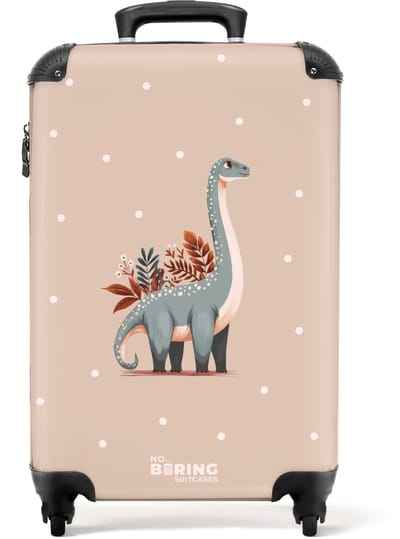 NoBoringSuitcases.com® - Kinderkoffer jongen - Kindertrolley jongens - Blauwe dinosaurus op een beige stippenachtergrond - Handbagage koffer lichtgewicht - Reiskoffer trolley kinderen - Rolkoffer met wieltjes - Past binnen 55x40x20 en 55x35x25