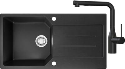 Anycee max Spoelbak Keuken - Graniet Spoelbak 86x45CM Zwart - Spoelbakken Keuken Met Keukenkraan met Uittrekbare Uitloop - Spoelbakken Met Afdruip - Opbouw Spoelbak