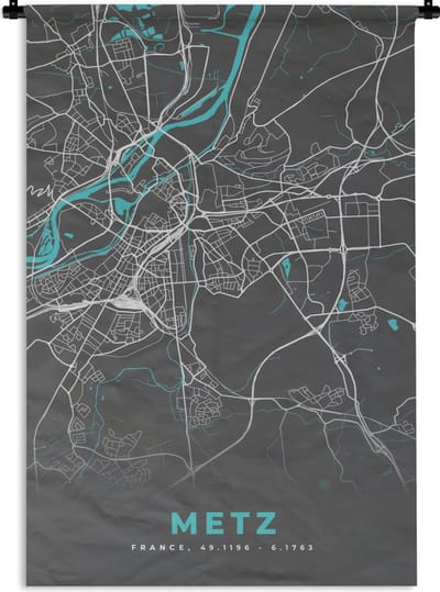 Wandkleed - Wanddoek - Metz - Frankrijk - Plattegrond - Kaart - Stadskaart - 120x180 cm - Wandtapijt