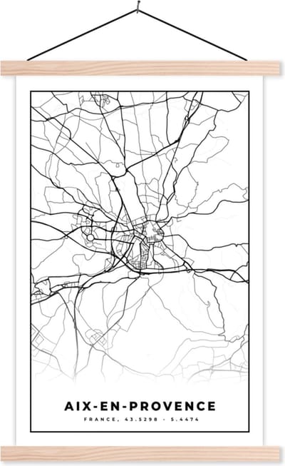 Posterhanger incl. Poster 40x60 cm - Schoolplaat - Stadskaart - Aix-en-Provence - Frankrijk - Kaart - Plattegrond - Zwart wit - Textielposter - Blanke latten - Stadskaart