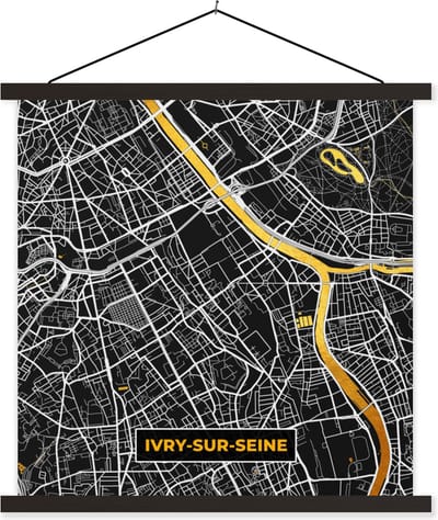 Posterhanger incl. Poster 60x60 cm - Schoolplaat - Stadskaart – Plattegrond – Kaart – Frankrijk - Ivry-sur-Seine - Textielposter - Zwarte latten - Stadskaart