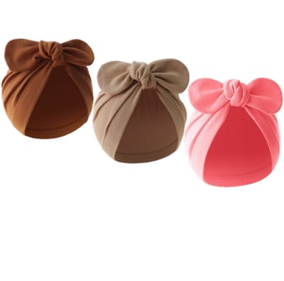 3 Stuks - Babymutsjes met Strik - 2-4 maanden - Bruin Beige Roze