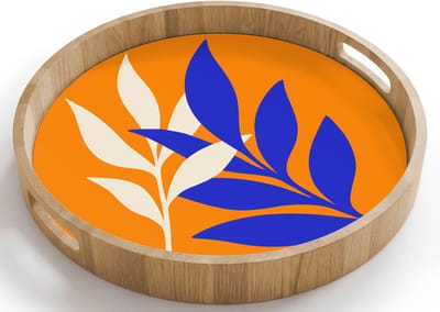 Dienblad rond 40x40 cm - Schootdienblad hout - Takken - Bladeren - Minimalistisch - Blauw - Borrelplank rechthoek - Plateau houten dienbladen