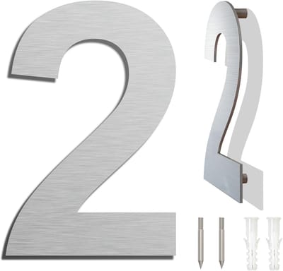 Geborsteld Modern Huisnummer - 203mm 8 Inch Hoog, Gemaakt van Massief 304 Roestvrij Staal, Zwevende Verschijning en Eenvoudig te Monteren (Nummer 2 Twee)