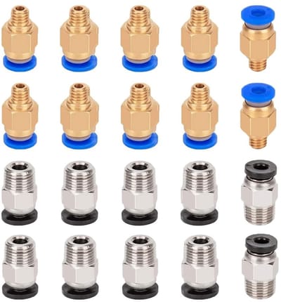 Jhubersproducts - 3D-printer-bandenconnectorset - PC4-M6 en PC4-M10 - Koper en kunststof - 20 stuks - Snelkoppeling - Voor 3D-printers
