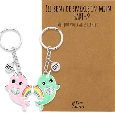 BFF Sleutelhanger voor 2 'Jij bent de sparkle in mijn hart' - Regenboog Narwal Roze & Groen - Sleutelhanger set op Cadeau Kaartje - Zilverkleurig - Vriendschap Symbool - Pax Amare