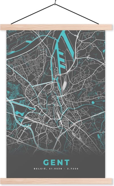Posterhanger incl. Poster 40x60 cm - Schoolplaat - Kaart – Plattegrond – Stadskaart – Gent – België - Grijs - Textielposter - Blanke latten - Stadskaart