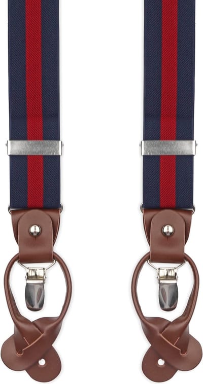 Suitable Luxe Bretels Donkerblauw (navy) Streep Rood - Pattern: Lussen met knoopsgat en klemsluiting - met Brede Stevige Clips - Heren / Unisex - Volwassenen - Luxe cadeauverpakking