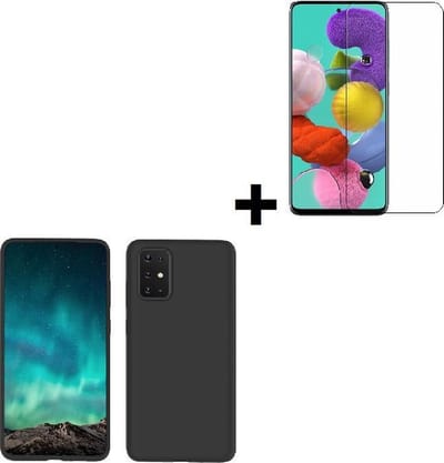 Geschikt voor Samsung Galaxy A51 hoesje Zwart - Samsung A51 Screenprotector - Hoesje Siliconen Case Zwart + Screen Protector Tempered Gehard Glas