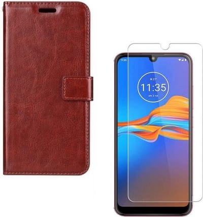 hoesje Geschikt voor: Motorola Moto E6 Plus Portemonnee bruin met 2 stuks Glas Screen protector