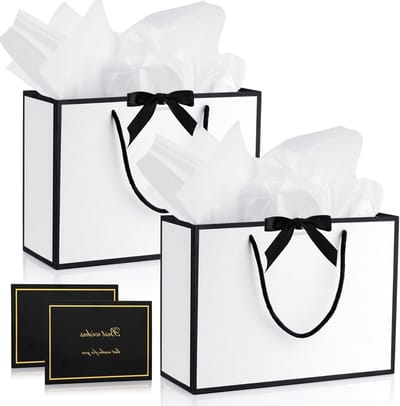 Verjaardagscadeauzakken Set van 2, Papieren Tassen met Lint, Inclusief 2 Wenskaarten en 4 Zakdoeken, Ideaal voor Feestjes, Bruiloften en Verjaardagen, Groot Formaat 28 x 20 x 10 cm