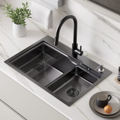 Auralum max Spoelbak voor keuken 68x48CM - Enkele spoelbakken RVS Donkergrijs - Met Korf, Zeepdispenser en Afvoerset - Voor 80 cm Kast