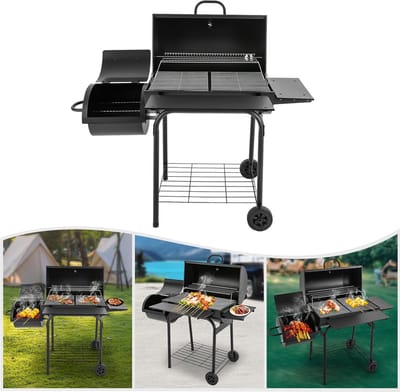 Houtskool Barbecue Grillwagen XXL met Deksel en Schouw – House&Garden Premium Smoker BBQ – Grote Dubbele Grillzones met Opbergplanken, Wielen en Ventilatie – Buiten Kolenbarbecue voor Tuin, Terras & BBQ Party 147 cm