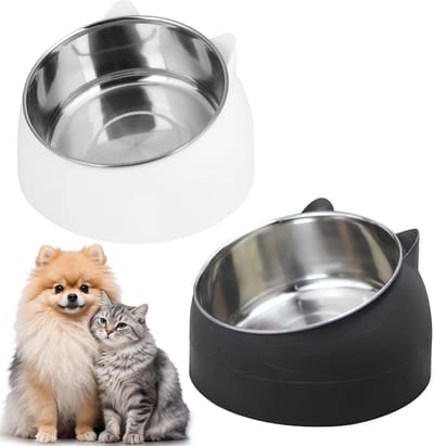15° schuine roestvrijstalen kattenbak, set van 2 verhoogde kattenvoerbakken, 400ML voerbak voor kat hond, watervoerbak afneembaar antislip, voor kat puppy voeding en water