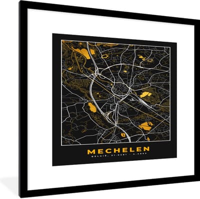 Fotolijst incl. Poster - Stadskaart - Mechelen - Goud - Plattegrond - Kaart - 40x40 cm - Posterlijst