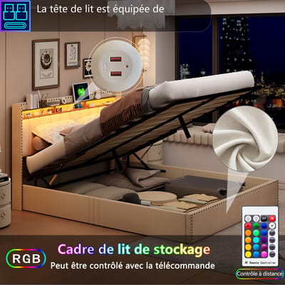 Opbergbed 140x200 cm – Beige Fluwelen Tweepersoonsbed met Gasveer & Opslagfunctie