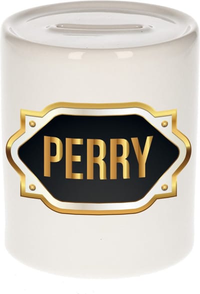 Spaarpot met voornaam Perry - wit - met goud/zwart embleem - 8 x 9 cm - keramiek - met afsluitdop - cadeau verjaardag