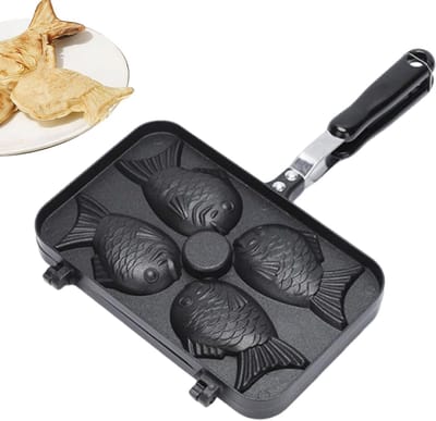 Taiyaki Bakvorm - Visvorm Wafelijzer - Desserts Maken - Dubbelzijdig Aluminium - 4 Holtes - Zwart