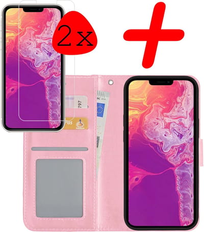 Hoesje Met 2x Screenprotector - Geschikt voor Apple iPhone 13 Mini - Luxe Pasjeshouder - Bookcase Portemonee - Flip Case - Kunstleer Book Case - Flipcase Hoes - Book Cover - Walletcase - Portemonneehoes - Lichtroze