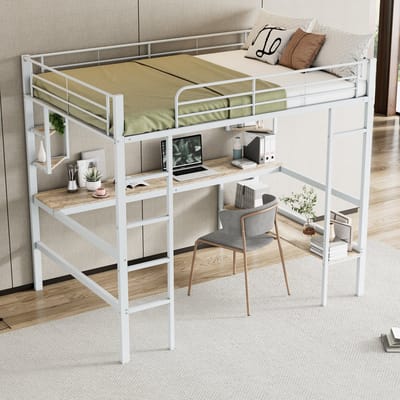 Sweiko Hoogslaper 140x200 cm, bureau en planken, metalen bedframe, zonder matras, wit