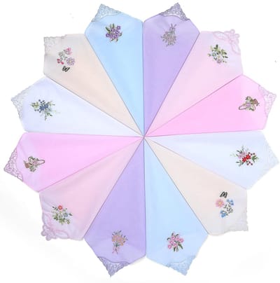 Allecto - Dameszakdoeken - 12 Stuks - Zacht en comfortabel - Lichtroze, Donkerroze, Geel - Bloemmotief - Perfect voor bruiloften en feesten - Katoen