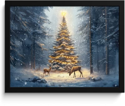 Poster in lijst - Fotolijst 40x30 cm - Posters - Kerstlicht - Woud - Hert - Donker - Posterlijst zwart - Decoratie - Wanddecoratie woonkamer - Muurdecoratie slaapkamer - Kerstversiering - Kerstdecoratie voor binnen - Kerstmis