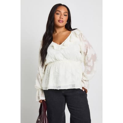 boohoo Dames Plus Volant Burnout Blouse | Ivoor | Maat: 44