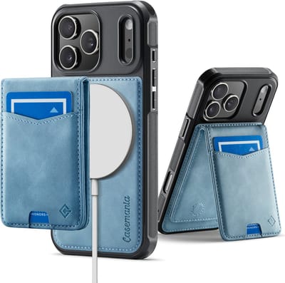 Casemania Hoesje Geschikt voor Apple iPhone 17 Pro - Aqua Blue - Geschikt voor MagSafe - Back Cover met Afneembare Magnetische Pasjeshouder met Standaard - Telefoonhoesje en Kaarthouder
