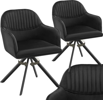 tectake® Fluwelen draaistoel - Bureaustoel - Eetkamerstoel met armleuningen - Fluwelen bureaustoel, keukenstoel, woonkamerstoel - 56 x 59 x 81 cm - Set van 2 - Zwart/zwart