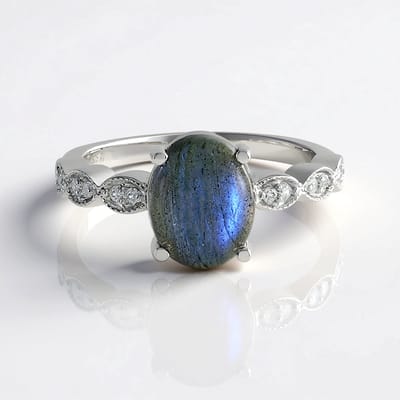 Cavill - Zilveren ring met 2,7 ct labradoriet ovale cabochon 10x8 mm - 925 sterling zilver geplatineerd - 12 pavé zirconia's - elegante damesring