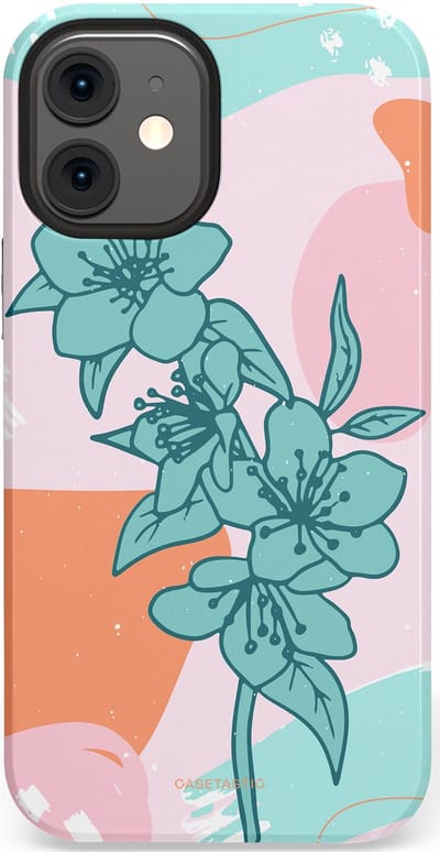 Casetastic hoesje geschikt voor Apple iPhone 12 Mini - Dubbellaagse bescherming - Roze Oranje Turqoise Bloemen Modern - Fashion Case - Wit Mintgroen Perzik Lichtroze