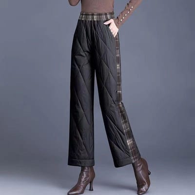 Pantalon large épais à la mode pour femmes, Pantalon d'hiver décontracté à jambe droite et taille haute, Chaud en coton 3XL black