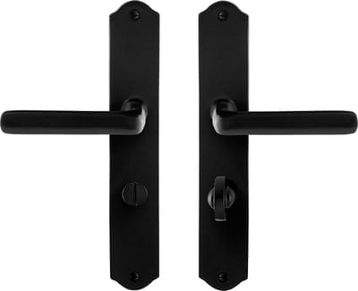 Deurkruk op schild - Smeedijzer zwart - Gietijzer - GPF - GPF6235.60 smeedijzer zwarte Deurklink Ilo op WC63/8, 238x41x4mm