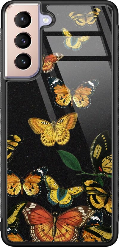 Hoesje geschikt voor Samsung Galaxy S21 - Vlinders - Luxe Glazen Hardcase - Print / Illustratie - Zwart, Goud
