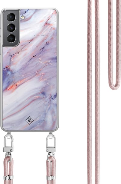 Casimoda® hoesje met koord - Geschikt voor Samsung S21 - Marmer Paars - Afneembaar koord - TPU/polycarbonaat - Paars