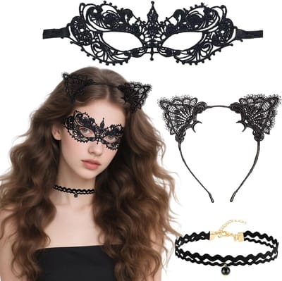 Set van 3 Haarbanden met Kattenoren en Oogmasker, Zwarte Kanten Kattenkostuum voor Vrouwen, Carnaval en Halloween Feestaccessoires